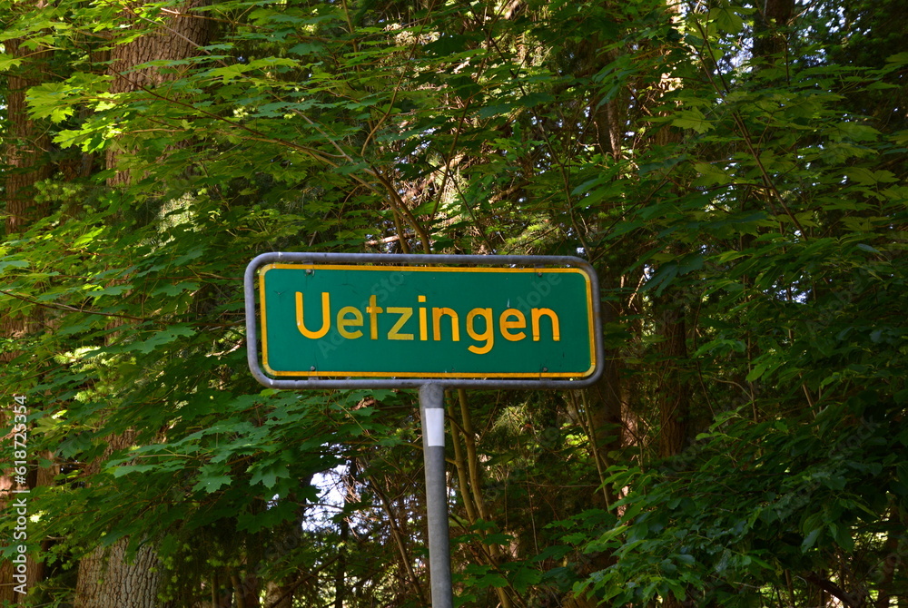 Sign Uetzingen in Spring in the Heath Lueneburger Heide, Lower Saxony