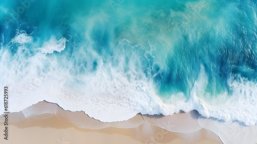 Fotografie, Obraz Overhead photo of crashing waves on the shoreline  beach