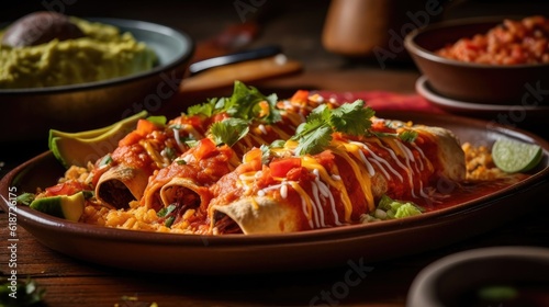 New Mexican Flat Enchiladas with vegetable chunks and blurred background