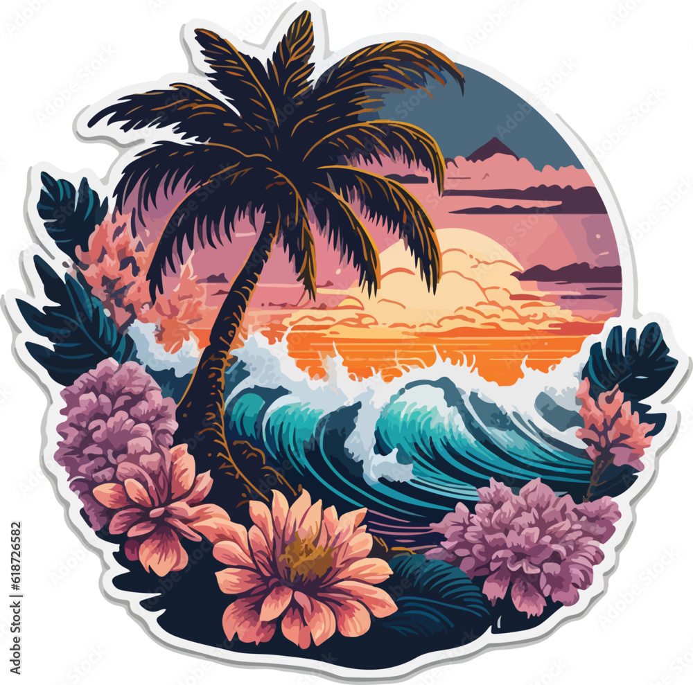 vintage sea beach with palm trees in vector illustrator