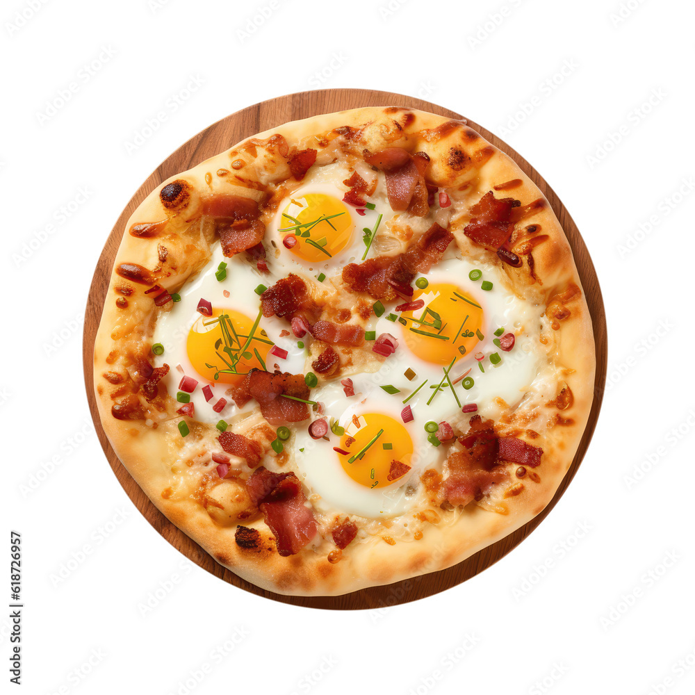 Bacon And Egg Pizza On Round Wooden Board Plate On Isolated Transparent Background, Png. Generative AI