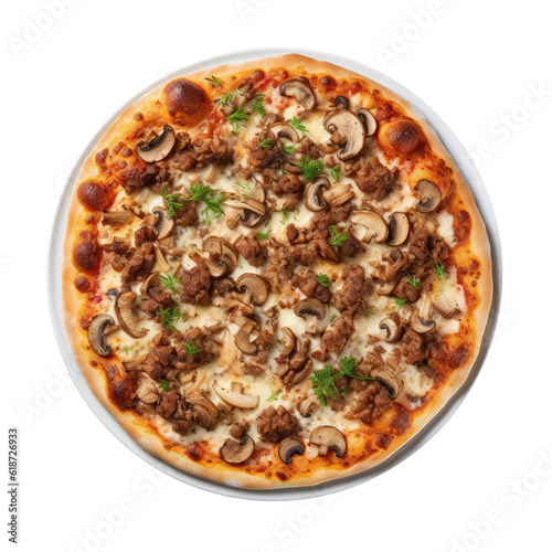 Sausage And Mushroom Pizza On White Plate On Isolated Transparent Background, Png. Generative AI