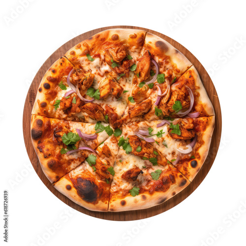Tandoori Chicken Pizza On Round Wooden Board Plate On Isolated Transparent Background, Png. Generative AI