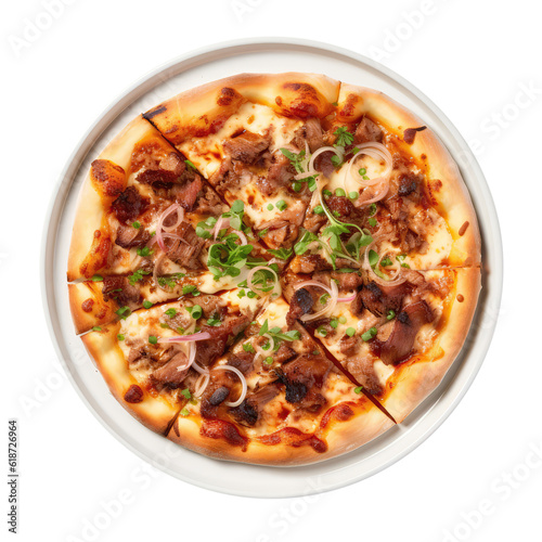 Barbecue Pork Pizza On White Plate On Isolated Transparent Background, Png. Generative AI