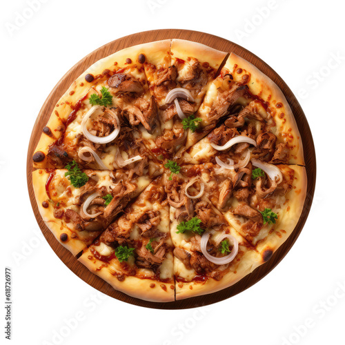 Barbecue Pork Pizza On Round Wooden Board Plate On Isolated Transparent Background, Png. Generative AI