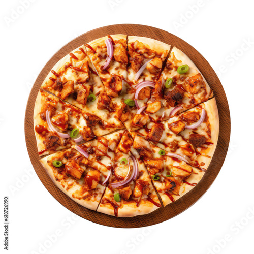 Bbq Chicken Pizza On Round Wooden Board Plate On Isolated Transparent Background, Png. Generative AI