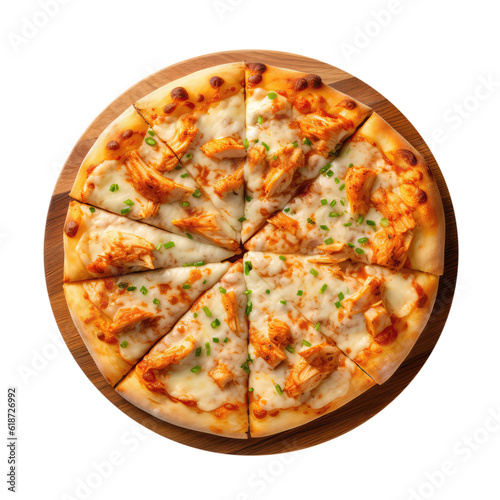 Buffalo Chicken Pizza On Round Wooden Board Plate On Isolated Transparent Background, Png. Generative AI