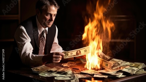 A burning pile of dollar bills symbolizing financial losses concept background