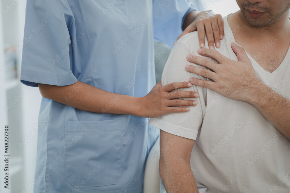 A professional physiotherapist is doing stretching for a patient, the patient has muscle dysfunction due to hard work, most often an office worker who has problems sitting for long periods of time.