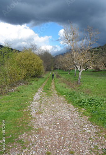 Autumn landscape with a boy walking in a field  under heavy clouds