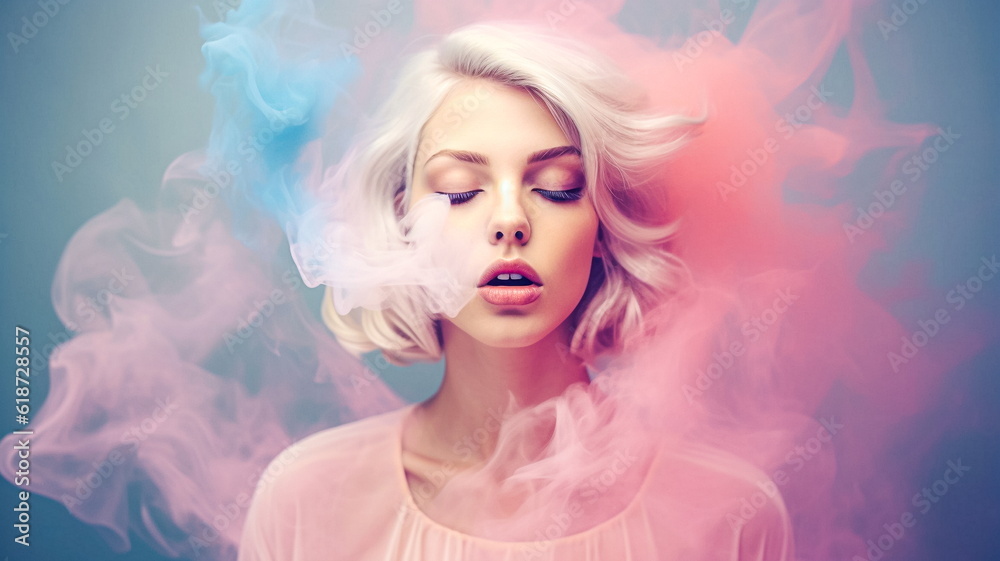 Illustration of Fashion portrait of beautiful young woman with blonde hair blowing colorful smoke. AI generated Illustration