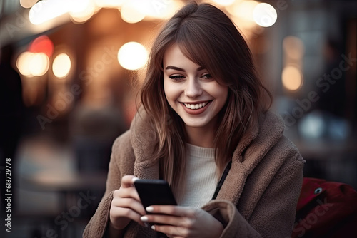 Happy woman using smartphone for social media typing, digital chat app