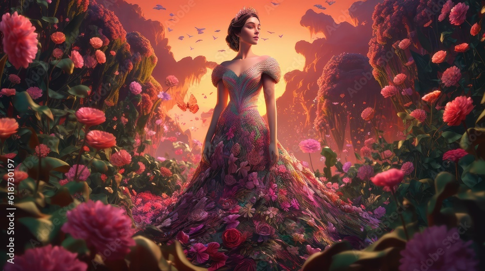portrait of princess woman posing full of flowers