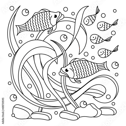 Coloring book page. Under water. Marine vector motif . Doodle of the underwater world, sea, ocean, river . Fish, waves and plants. Monochrome Aquariums.