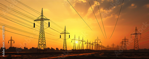 High voltage power line at sunset. Generative AI