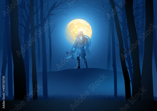 Foto Viking berserker wearing bear skin holding an axe on dark woods, vector illustra