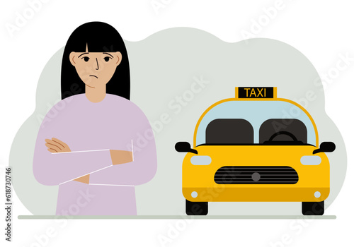 A woman with his arms crossed near a yellow taxi car. Vector