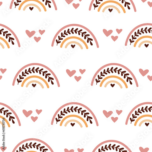 Seamless pattern with rainbow in boho style. Vector illustration for textile and nursery decoration.