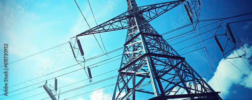Transmission tower supporting overhead high-voltage power lines up close. generative ai