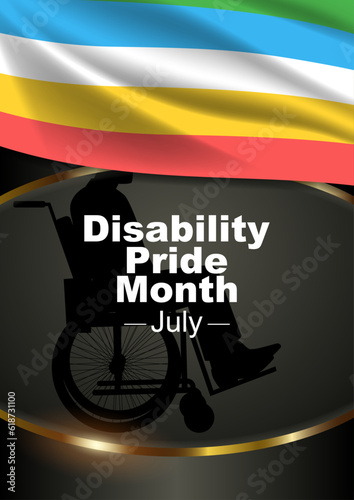 Silhouette of a man in a wheelchair with Disability Pride Month flag as decoration, the Americans with disabilities act