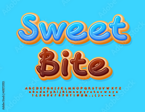 Vector delicious sign Sweet Bite. Handwritten cake Font. Chocolate glazed Alphabet Letters, Numbers and Symbols set