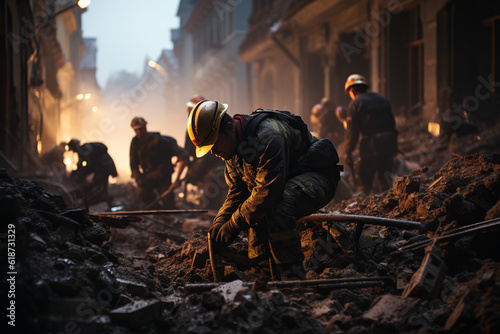 Rescuers dismantle the rubble of a destroyed residential building and search for people. Generative Ai
