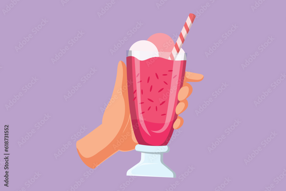 Graphic flat design drawing stylized hand holds glass milkshake with whipped cream. Cold soft drink for summer. Sweet beverage logo, icon. Tasty and yummy fast food. Cartoon style vector illustration