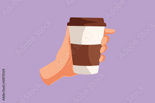 Graphic flat design drawing hands in side view hold paper to go take away coffee or tea cup. Hand holding reusable mug of hot coffee. Zero waste concept for beverage. Cartoon style vector illustration