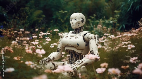 Robot meditating and practicing yoga in garden