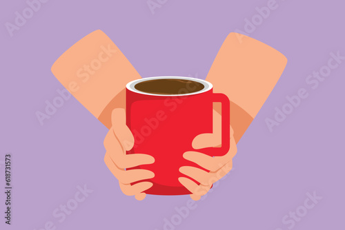 Character flat drawing stylized cup of tea in hands of men. Man warming hand touching hot cup of tea. Time relax in the morning with tea or coffee logo, icon symbol. Cartoon design vector illustration
