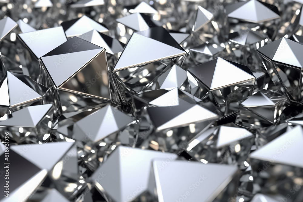 3d illustration, grunge background, many soaring silver triangular pyramids. Abstract silver pyramids background. Generative AI. 3d illustration, grunge background, many soaring silver triangular pyramids. Abstract silver pyramids background. Generative AI.