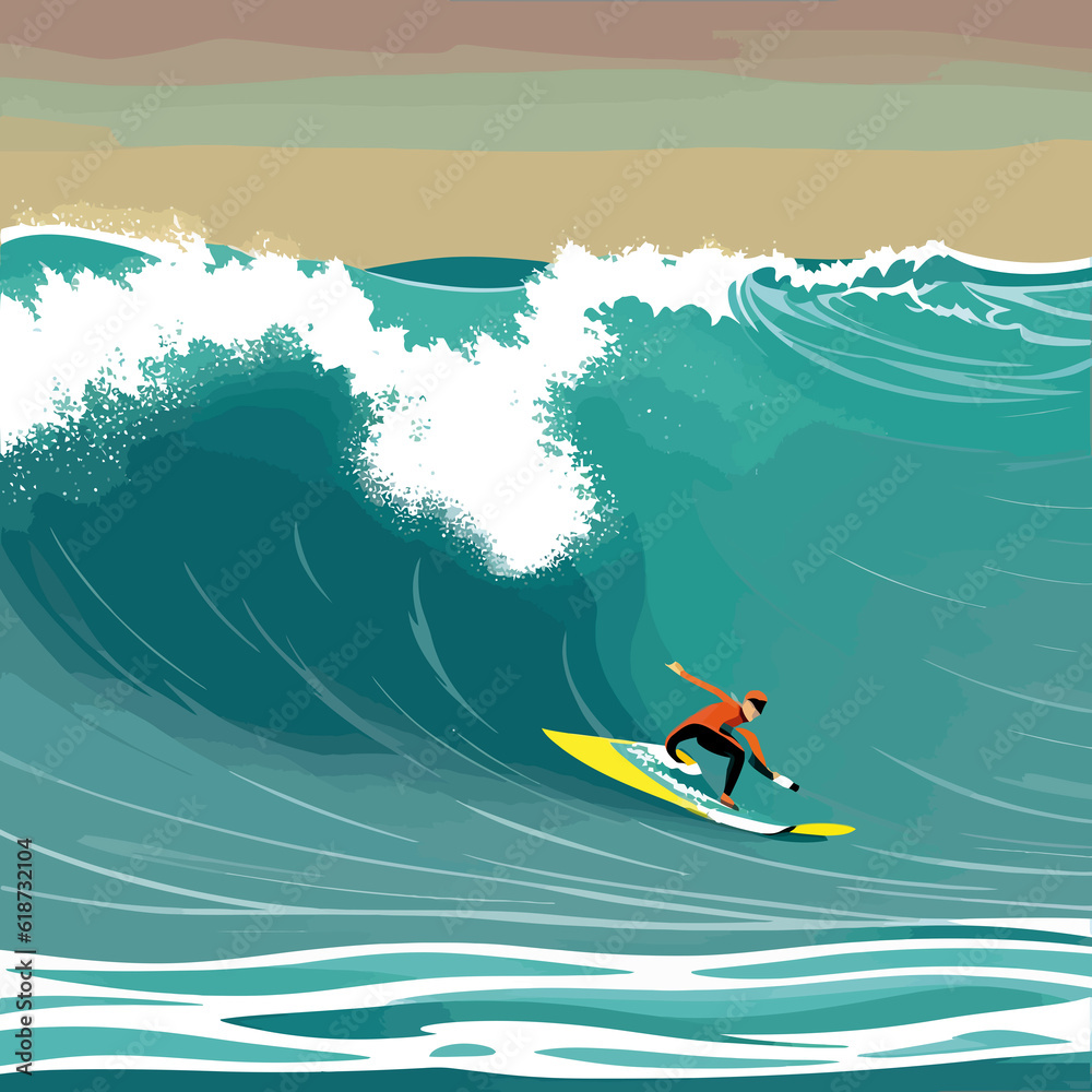 man surfing big waves ocean day illustration