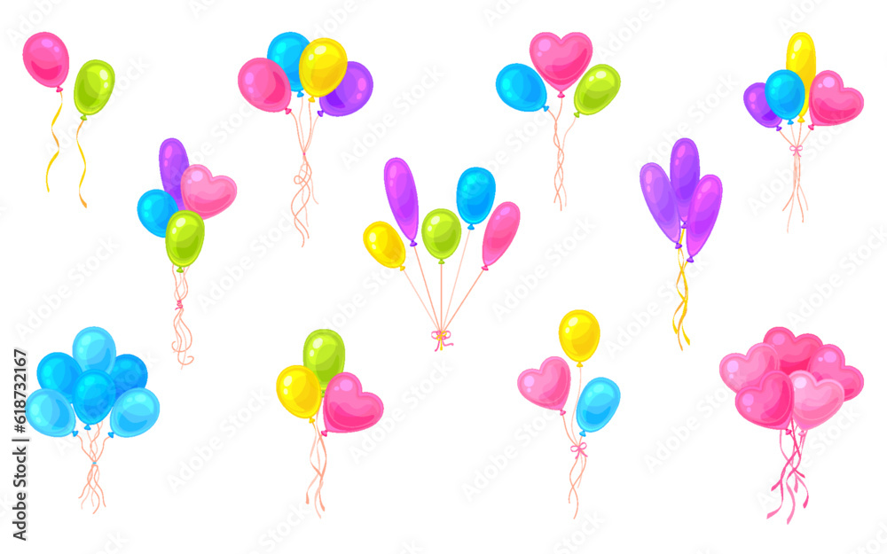Holiday balloon bunch colorful cartoon flat set. Air celebration decor valentine day birthday party carnival flying helium balloon bunch round oval heart ribbon pink purple blue yellow green isolated