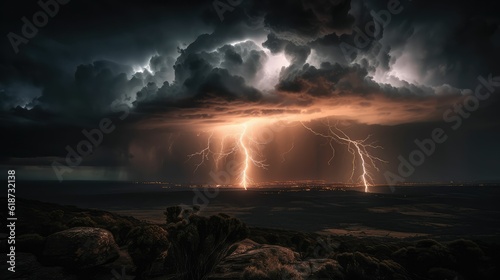 Lightning thunderstorm flash over the night sky © jambulart
