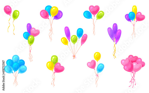 Holiday balloon bunch colorful cartoon flat set. Air celebration decor valentine day birthday party carnival flying helium balloon bunch round oval heart ribbon pink purple blue yellow green isolated