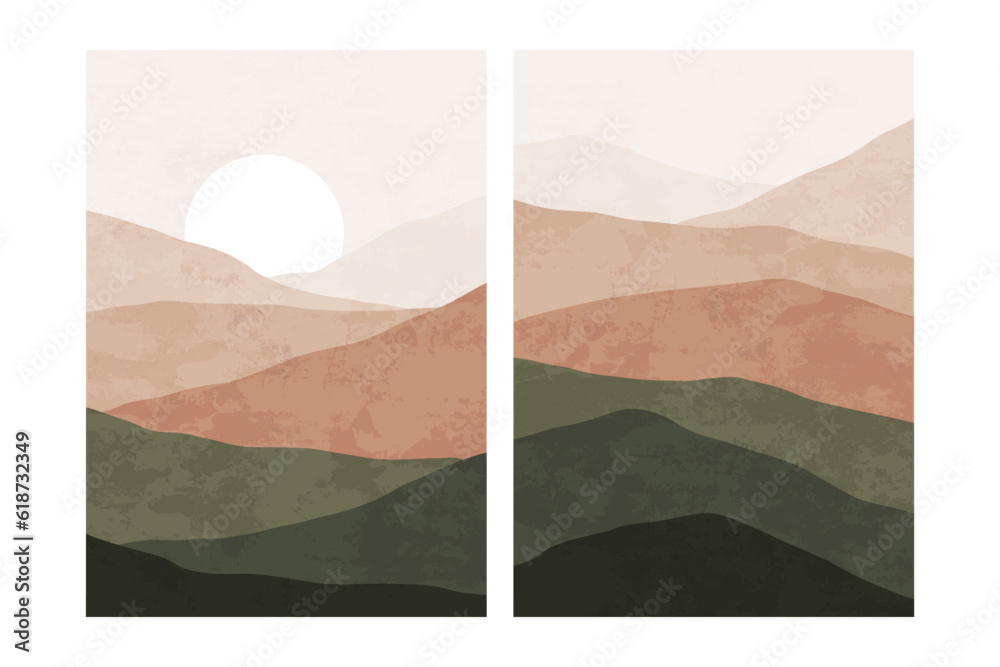 Abstract nature landscape posters. Minimalist neutral art prints with mountains, contemporary mid century background. Vector set