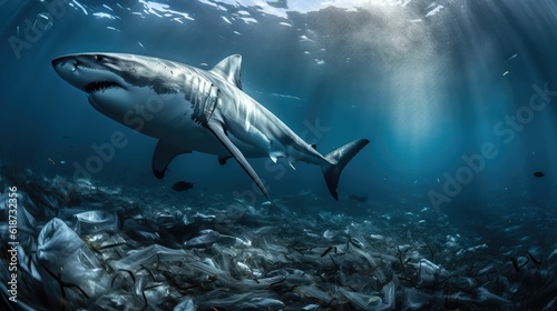 Underwater view on pollution of the ocean with plastic