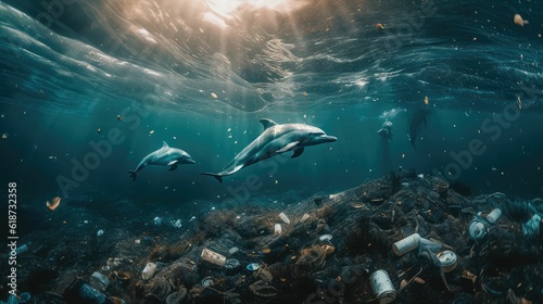 Toxic plastic waste floating underwater in the ocean © jambulart