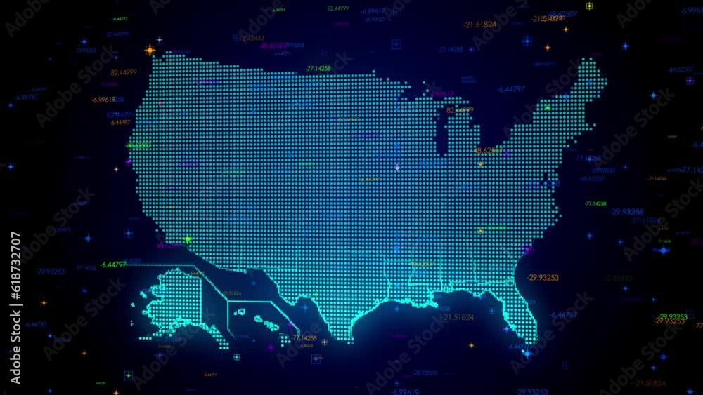 Futuristic Motion View Blue Colorful Shiny Digital Technology Hud Dots Mosaic Grid United States of America Map Light Scanning With Numeric Tech Particles Background, Seamless Loop