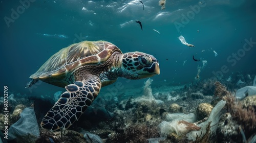 Underwater view on pollution of the ocean with plastic