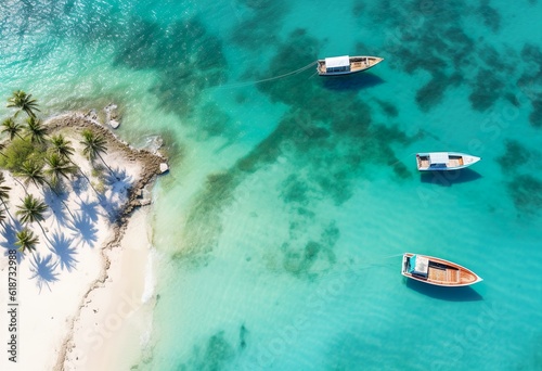 Aerial view of boats along Mahahual Beach at Quint © Jodie
