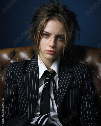 Generative AI - Defying Conventions: A Teenage Punk in Business Attire, Provocatively Seated in Her Office Chair, Redefining Classic Business Style with Innovative Boldness