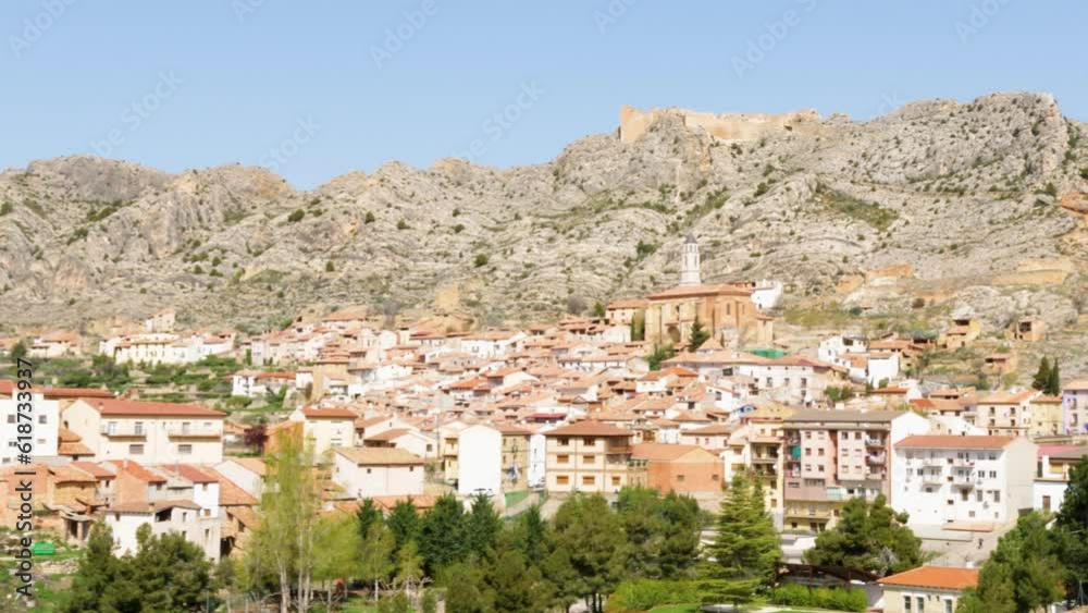 Small monumental town, called Castellote, located on a mountain, Spain, Aragon, Teruel, Maestrazgo Small monumental town, called Castellote, located on a mountain, Spain, Aragon, Teruel, Maestrazgo