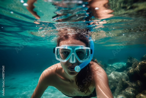 young girl snorkeling in the sea, exploring underwater, summer vacation, summer sports