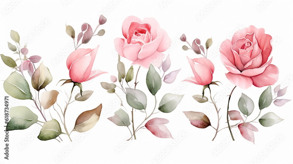 set watercolor elements of pink roses; collection garden flowers; leaves; branches. Botanic; illustration, eucalyptus Wedding floral design, white background. AI generated Illustration