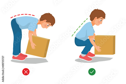 Correct and Incorrect body postures of young man lifting heavy objects