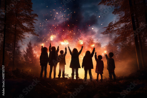 Children watching fireworks on the 4th of July and playing with sparklers - New Years Eve - Family Holiday