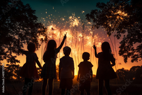 Children watching fireworks on the 4th of July and playing with sparklers - New Years Eve - Family Holiday