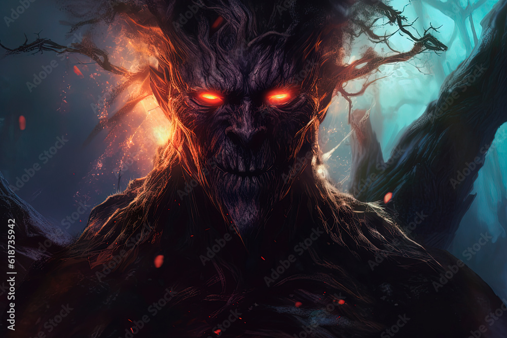 Forest demon with glowing eyes. Generative AI Forest demon with glowing eyes. Generative AI