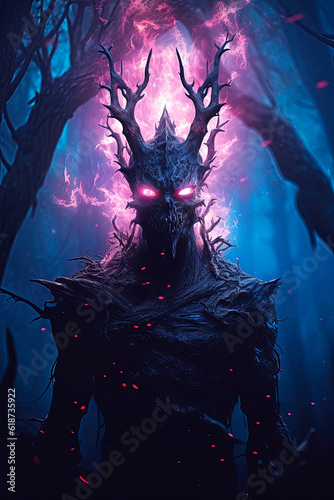 Forest demon with glowing eyes. Generative AI
